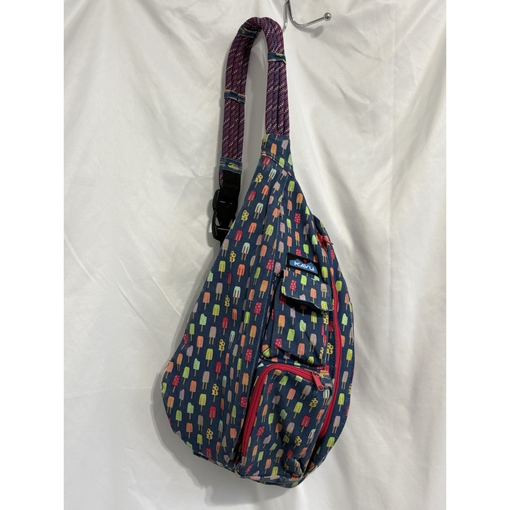 KAVU Backpack Crossbody Sling Rope Bag Blue Multicolored Ice Cream Summer Retire